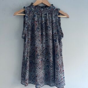 GAP XS Paisley Print Sleeveless Blouse Blue Elastic Waist Summer Top